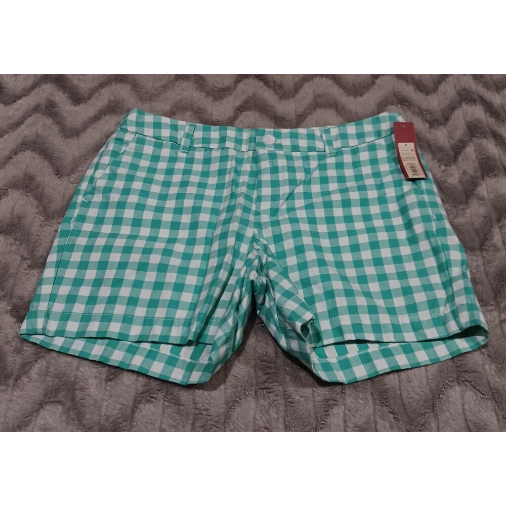 Merona Womens Size 4 Turquoise White Plaid 100% Cotton Chino Shorts NWT